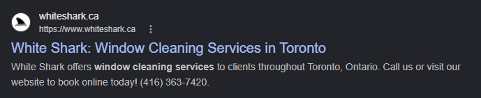 Google search result showing White Shark: Window Cleaning Services in Toronto, with the page title highlighted