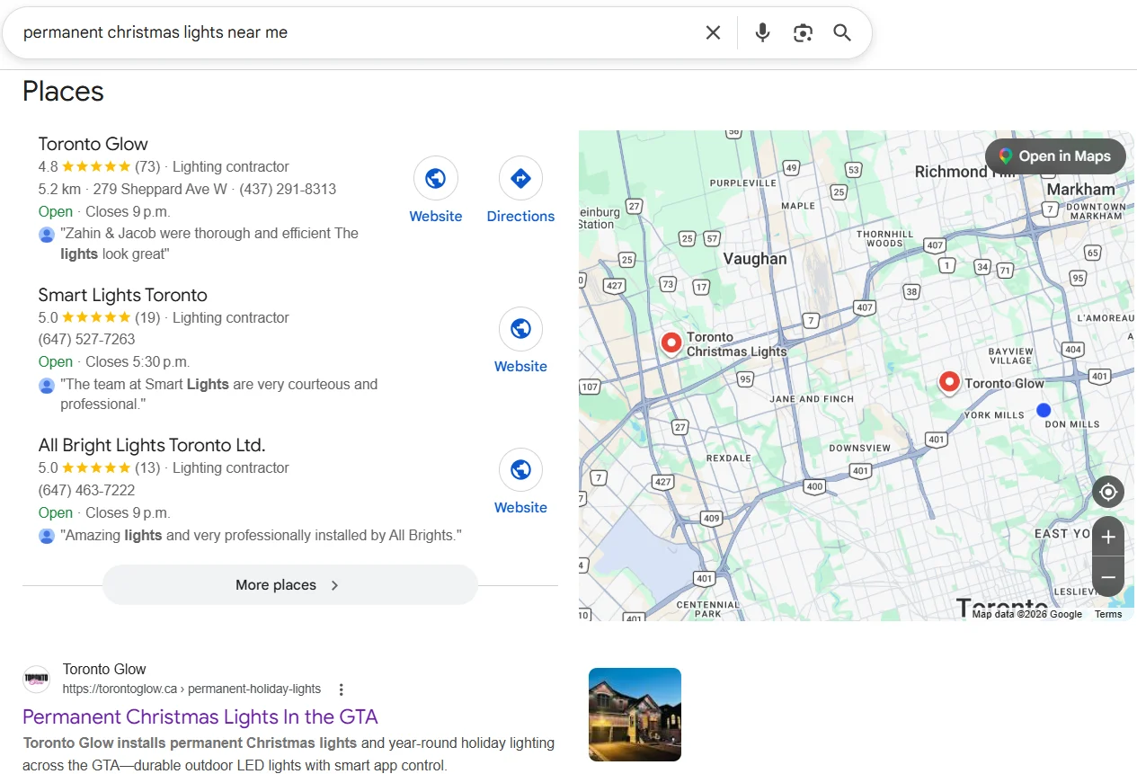 Toronto Glow ranked #1 on Google Map Pack and organic search for permanent christmas lights near me